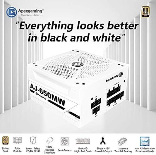 2021 Ultra White 100% Japanese Capacitor 80+ Gold Certified Fully Modular 650W Gaming Power Supply Unit for NV RTX 30-Series & ATI RX 6000-Series GPUs - AJ-650MW