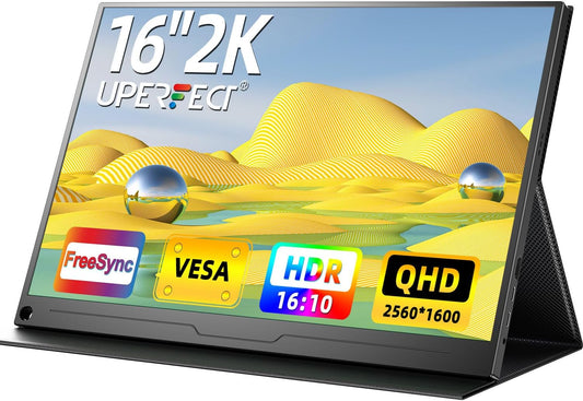 2.5K Portable 16" QHD Gaming Monitor - 2560x1600 HDR with FreeSync, VESA Mount, Smart Case, and Eye Care IPS Display for Laptops, PCs, Phones, and Game Consoles