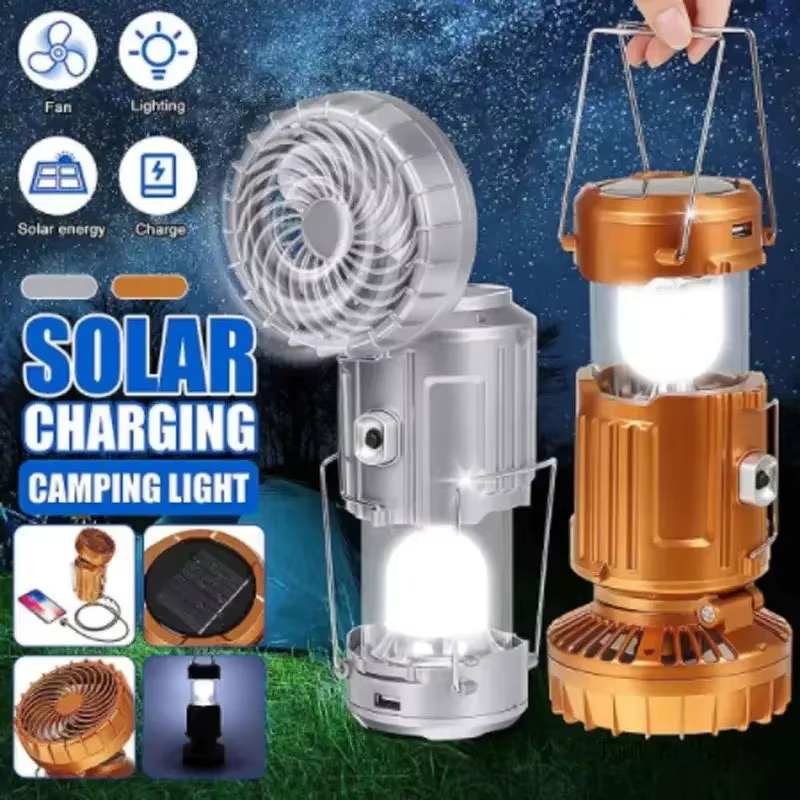 Portable Camping Lanterns Electric Fan 1500Mah LED Solar Power Hanging Tent Rechargeable Outdoor Emergency Lamp with Fan