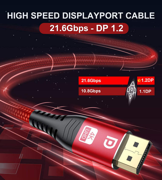 15ft DisplayPort Cable - 4K@60Hz, 2K@165Hz, DP 1.2 High-Speed Gold-Plated Nylon Braided Cord for 1440P, 1080P, Free-Sync, and G-Sync Compatible Gaming Monitors - Red